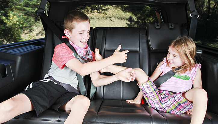 Children playing in the back seat of a car
