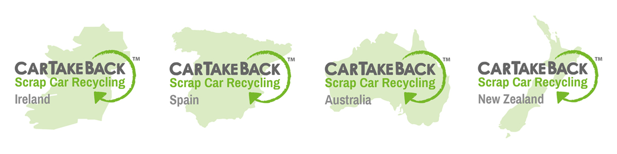 CarTakeBack logos for Ireland, Spain, Australia and New Zealand