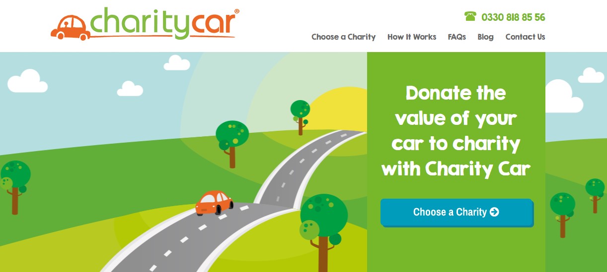 Screenshot of the Charity Car website, Donate your car. Orange car illustration driving into sunset