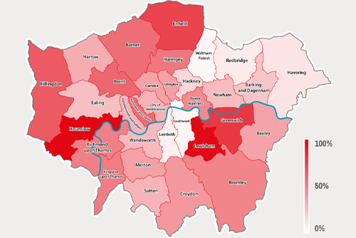 London heatmap showing areas where vehicle crime has increased