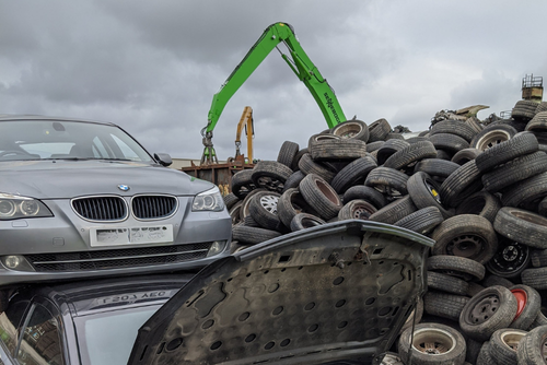 Photo taken at CarTakeBack Manchester of scrap cars and tyres for recycling