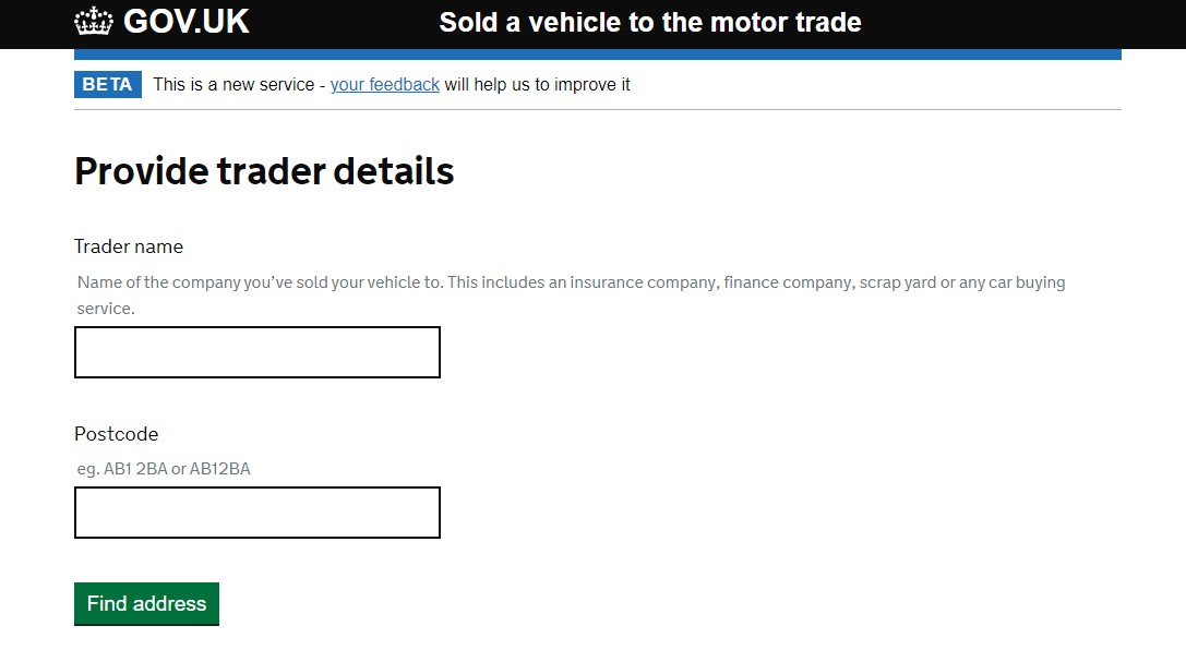 Screenshot of gov.uk website page to notify DVLA you've sold a car