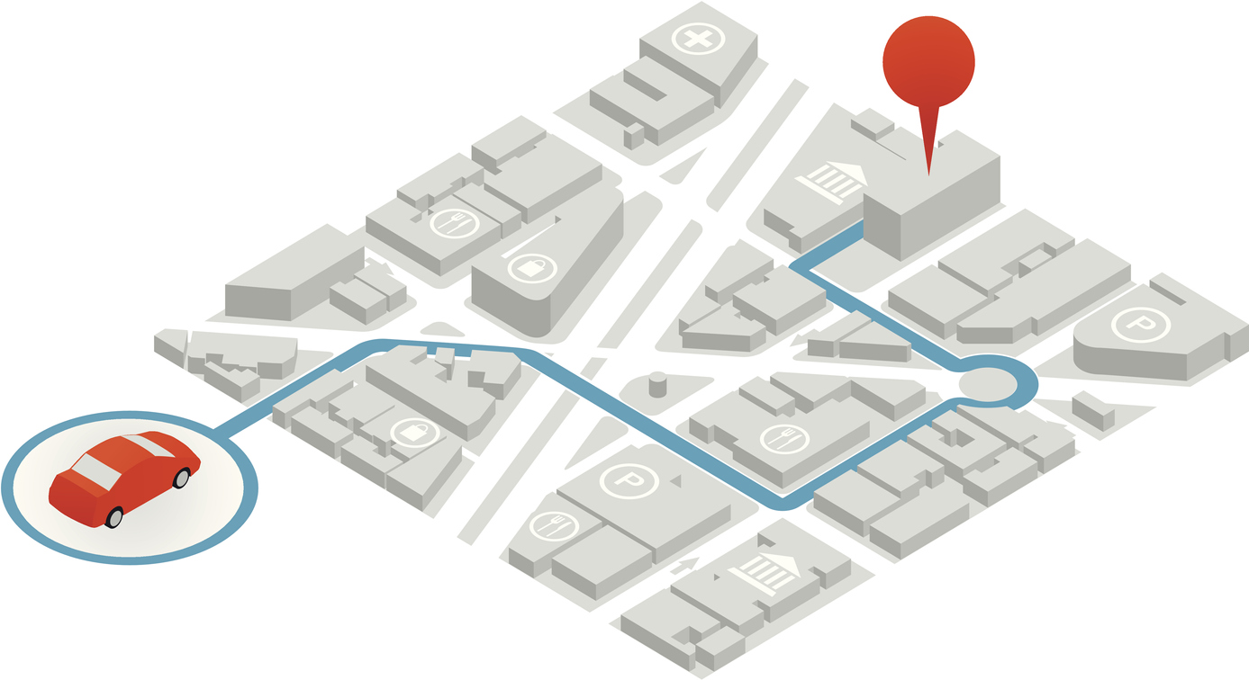 Car icon and GPS-assisted route through a simplified isometric city.