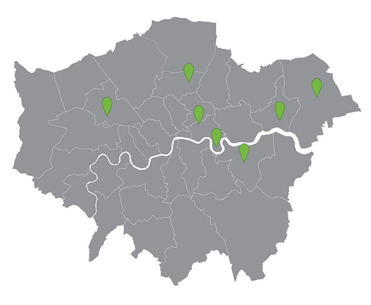 Map of london showing markers where CarTakeBack has recycling centres