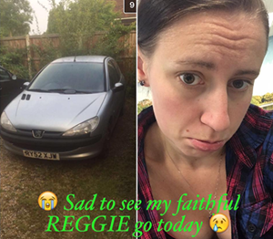 Photo of a car and a customer looking sad with caption "Sad to see my faithful REGGIE go today"