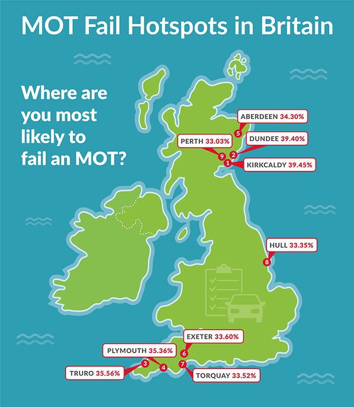 Map showing top MOT failure location in the UK
