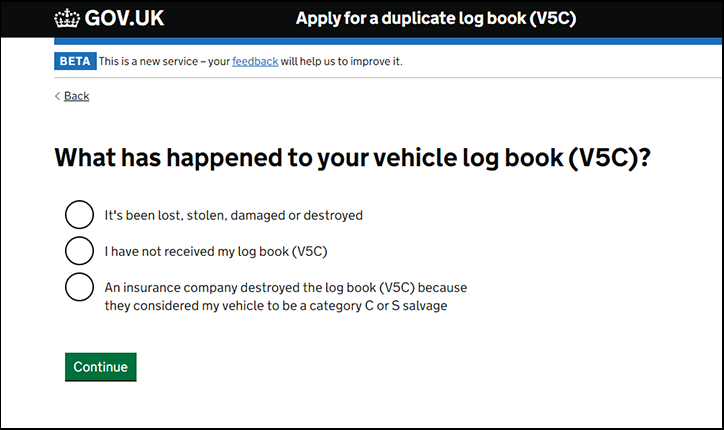 Screenshot of gov.uk website for replacement log book
