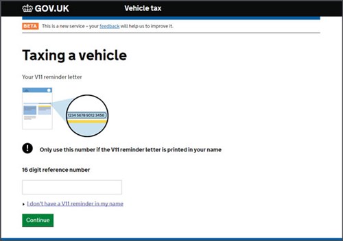 Screenshot of gov.uk website saying Taxing a vehicle