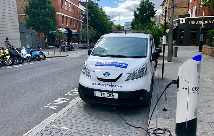 Electric van parked and charging