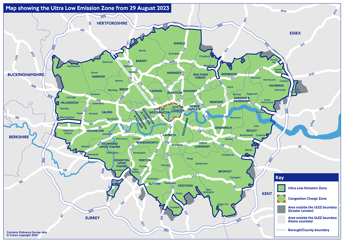 Graphical map showing the areas covered by the London ULEZ