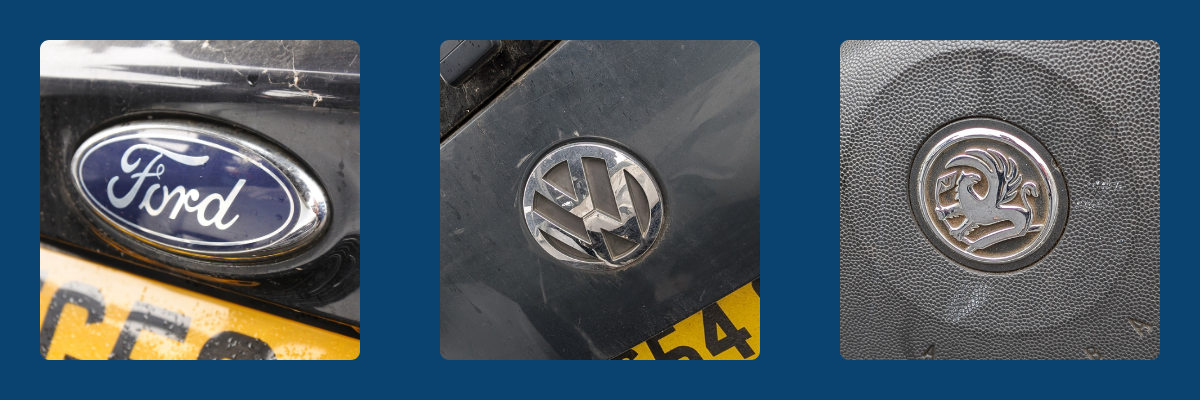Photos of Ford logo, Volkswagen logo and Vauxhall logo from old cars