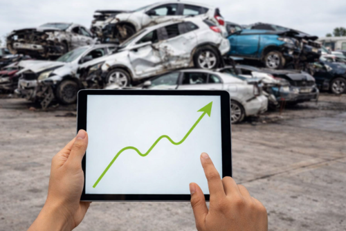 Photo of scrap cars in the background in the foreground are a person's hands holding a tablet with the screen showing a green chart line