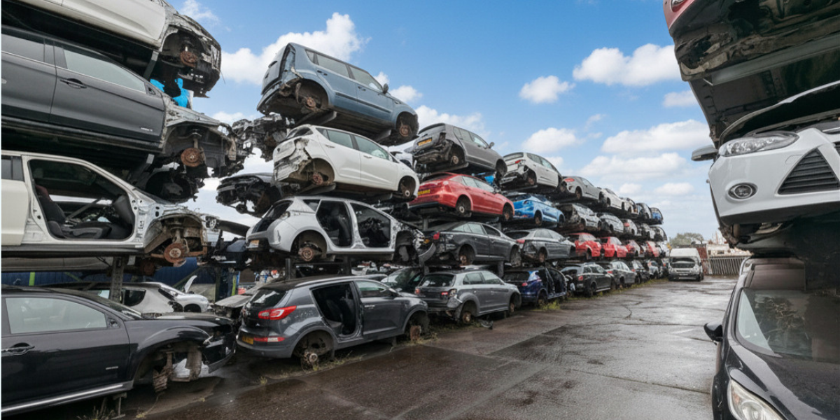 Photo of scrap cars stacked on racking